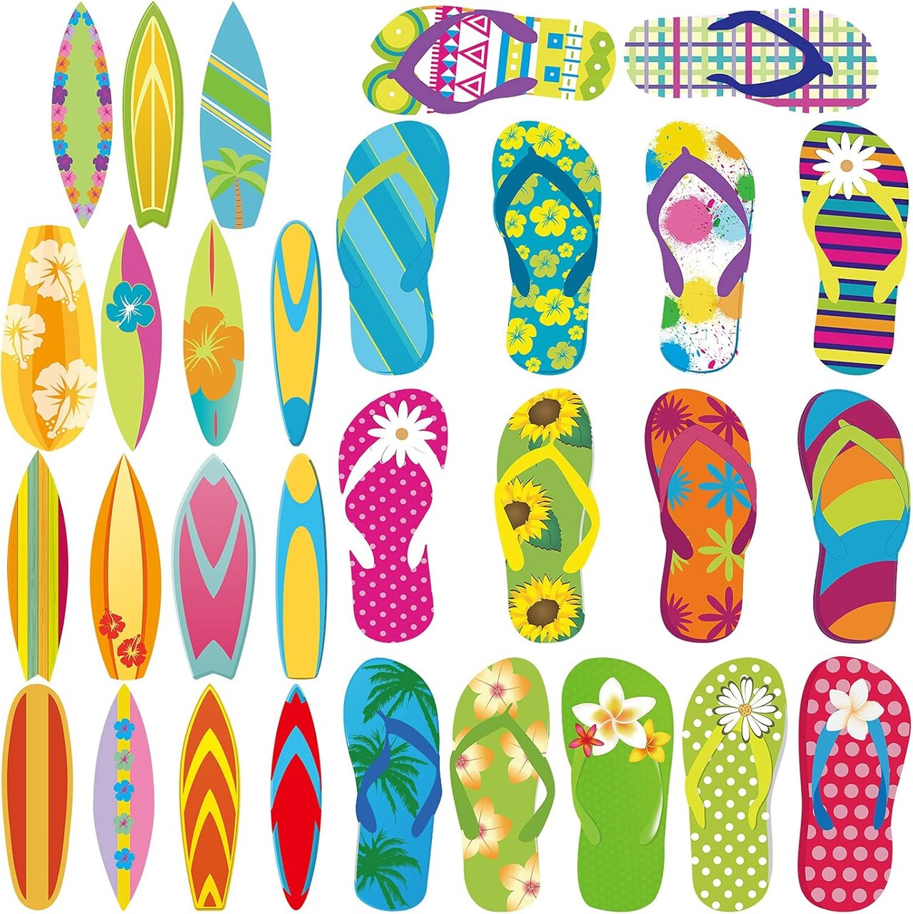 60 Pieces Flip Flop Accents Surfboards Accents Summer Bulletin Board Wall Decor with Glue Point Dots Colorful Tropical Beach Hawaii Surfboards Flip Flop Cutouts for School Classroom Decoration